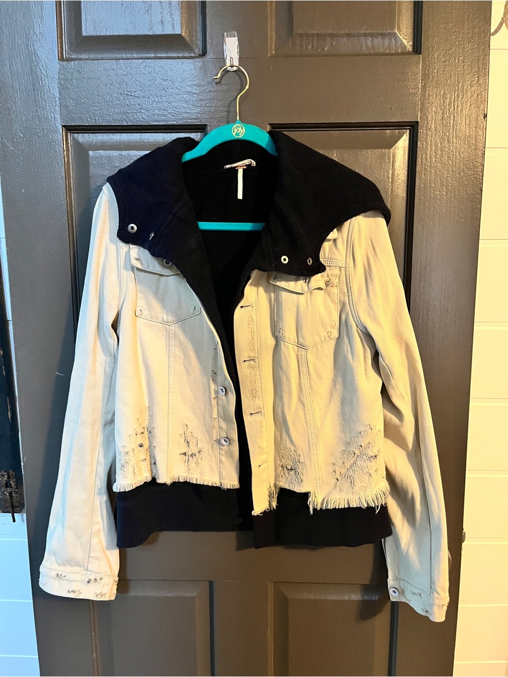 Free People Hooded Two-Tone Distressed Jean Jacket in Cream & Black